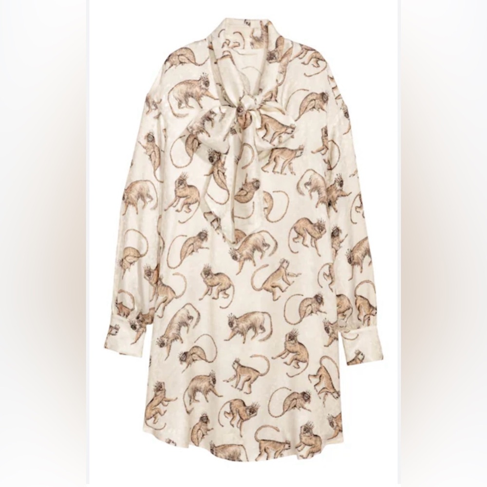 H & M dress size 8 long tie front new with tags monkeys w/ crowns jacquard print